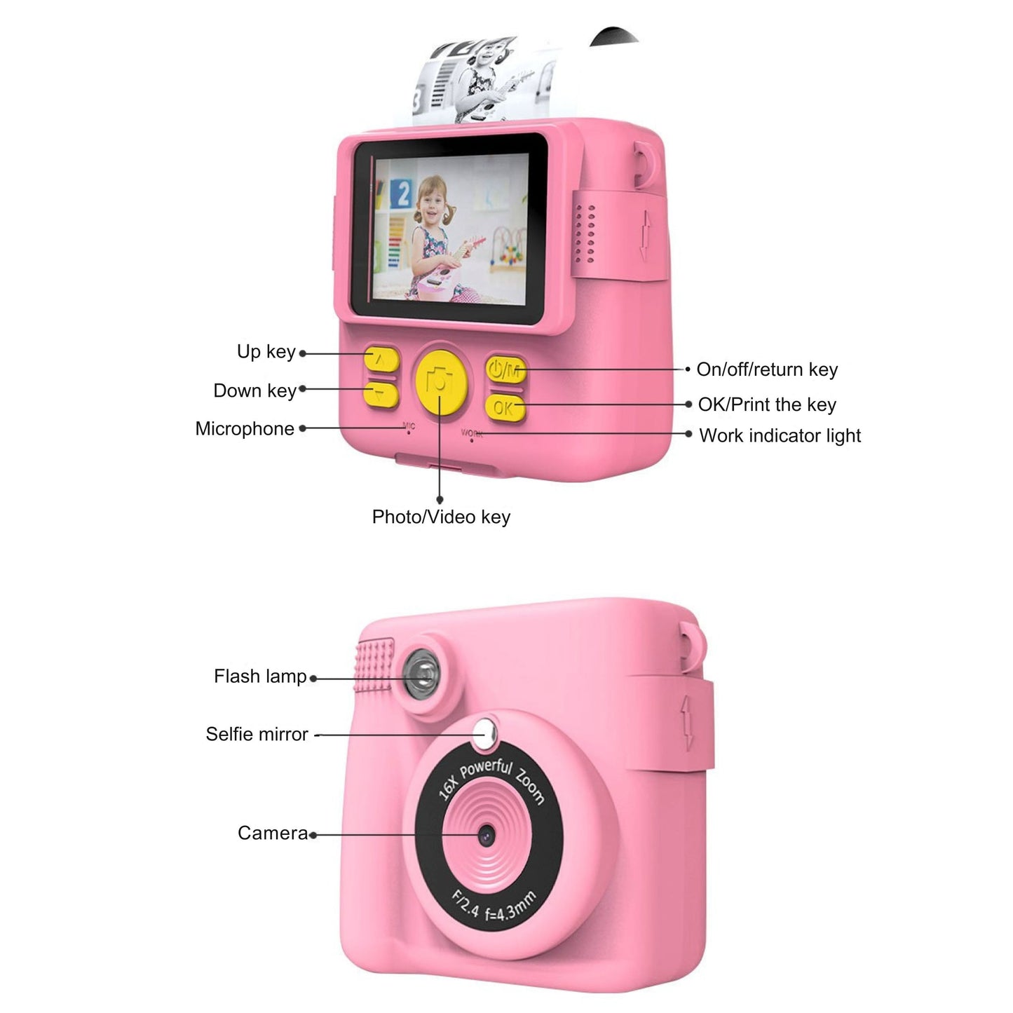 Instant Print Camera for Kids Selfie Digital Portable Camera 1080P HD
