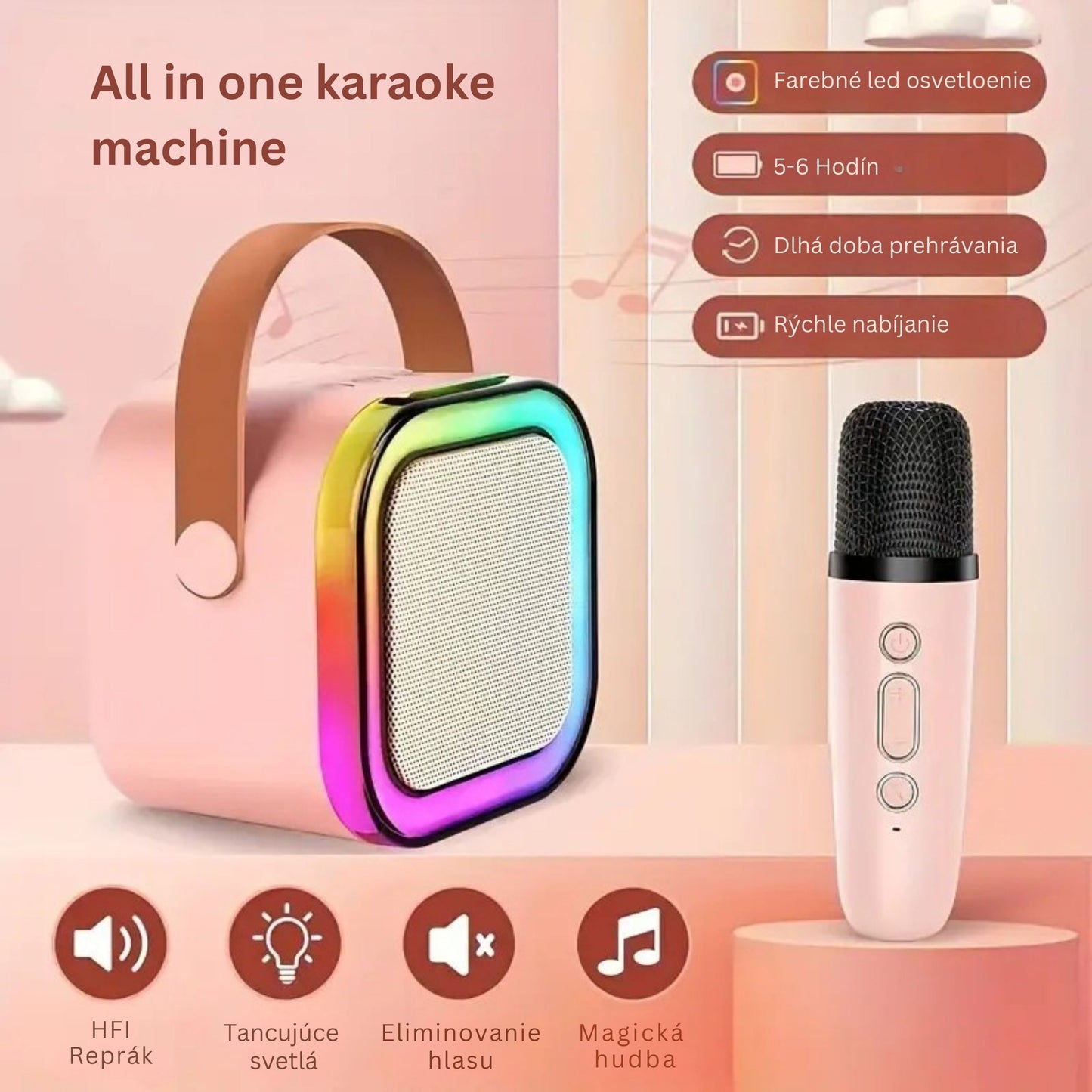 Karaoke Machine for Kids Portable Wireless Bluetooth Speaker with 1 or 2 Microphones and LED Lights