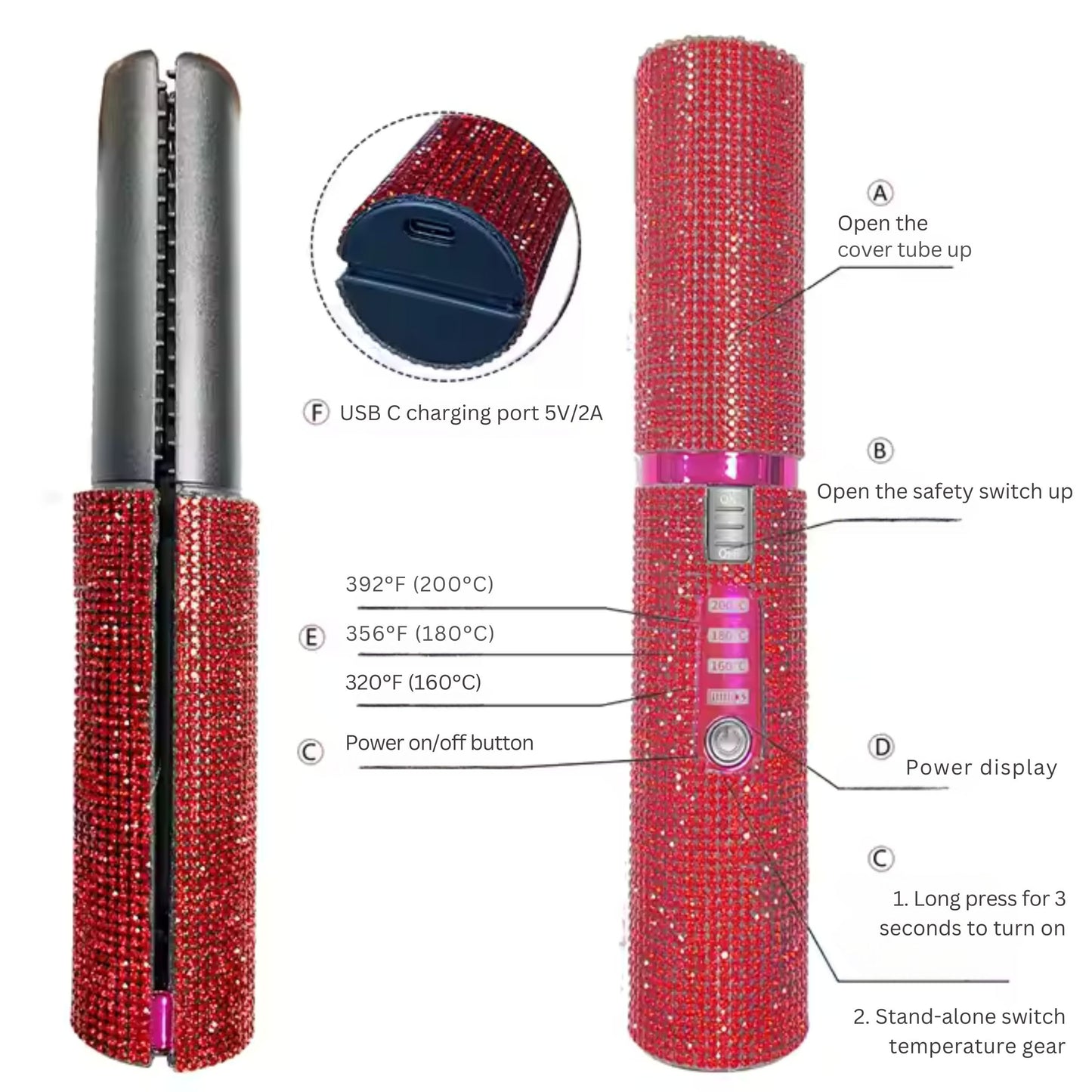 Glittering Flat Iron 2 in 1 Curling Iron With USB Cordless & Rechargeable