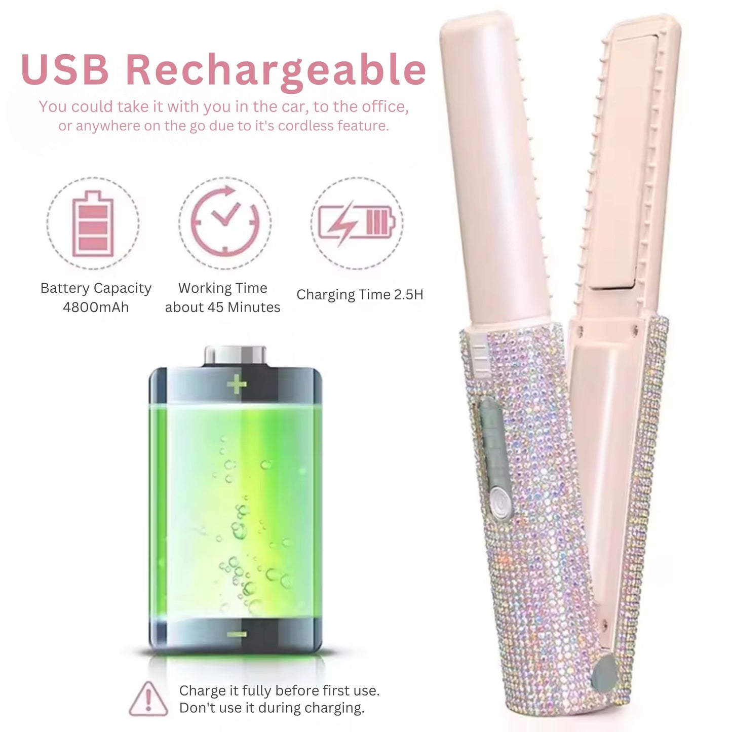 Glittering Flat Iron 2 in 1 Curling Iron With USB Cordless & Rechargeable