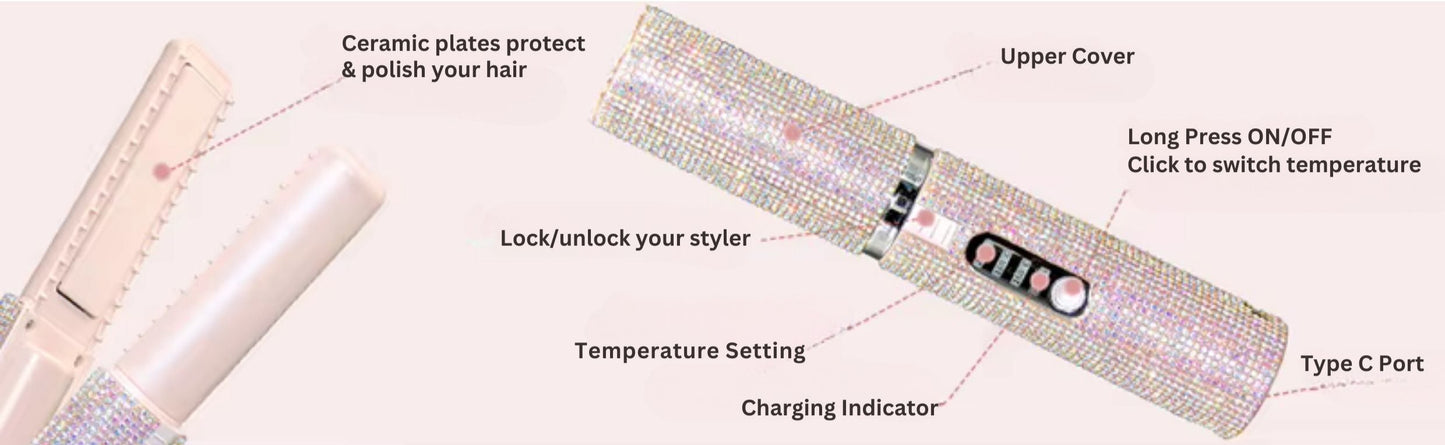 Glittering Flat Iron 2 in 1 Curling Iron With USB Cordless & Rechargeable