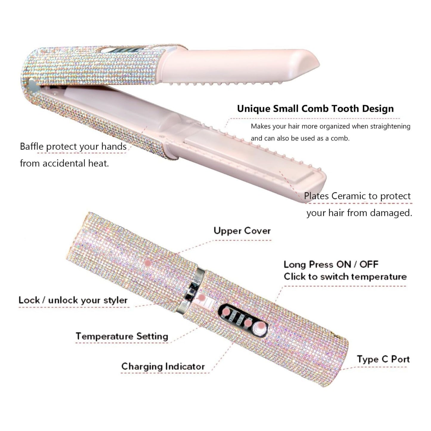 Glittering Flat Iron 2 in 1 Curling Iron With USB Cordless & Rechargeable
