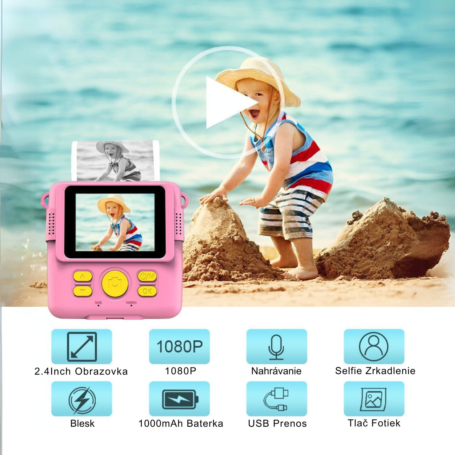 Instant Print Camera for Kids Selfie Digital Portable Camera 1080P HD