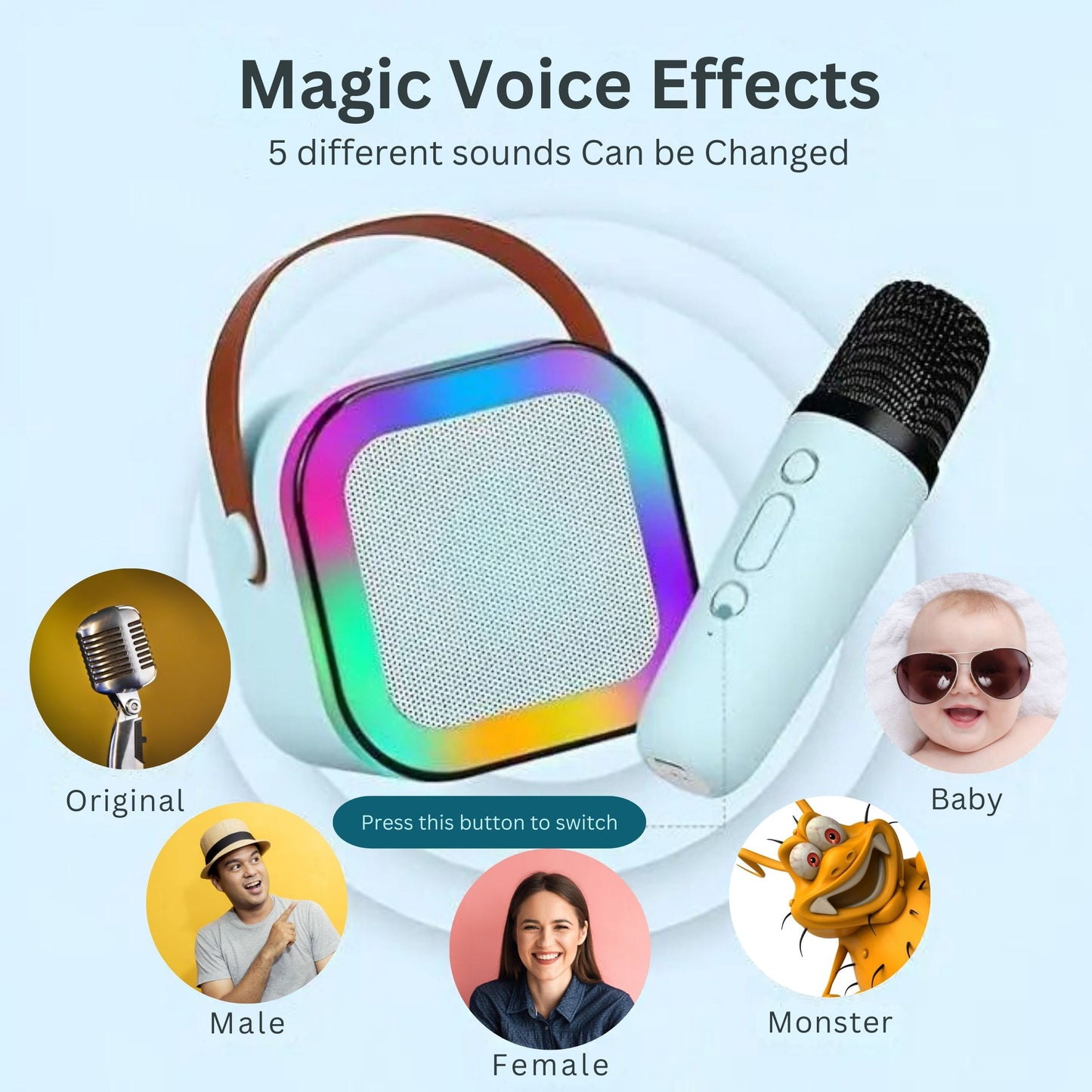 Karaoke Machine for Kids Portable Wireless Bluetooth Speaker with 1 or 2 Microphones and LED Lights