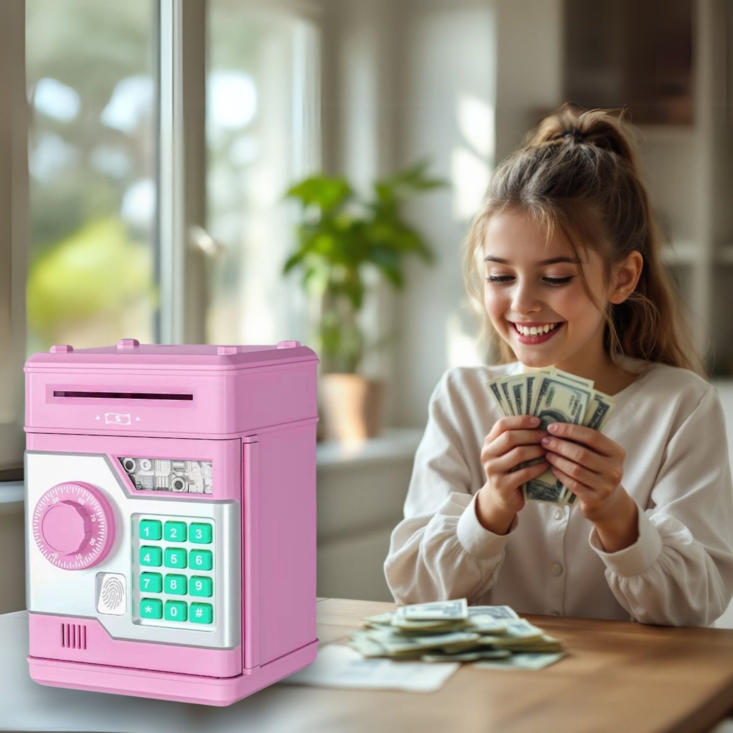 Piggy Bank with Password and Fingerprint Unlocking Simulation for Kids