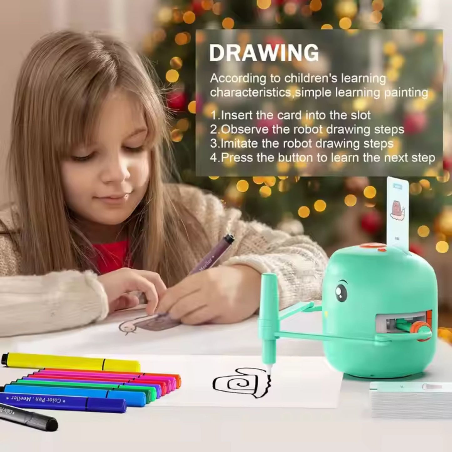 Smart Interactive Educational Drawing Robot for Kids Montessori Learning Toy with 100 Word Cards
